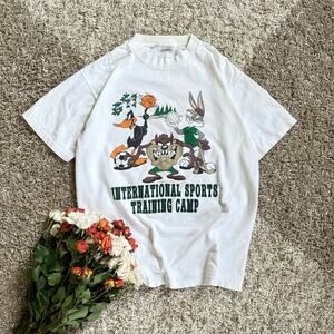 Vintage 1995 Looney Tunes White T-Shirt Single Stitch Velva Sheen Taz USA Tee L